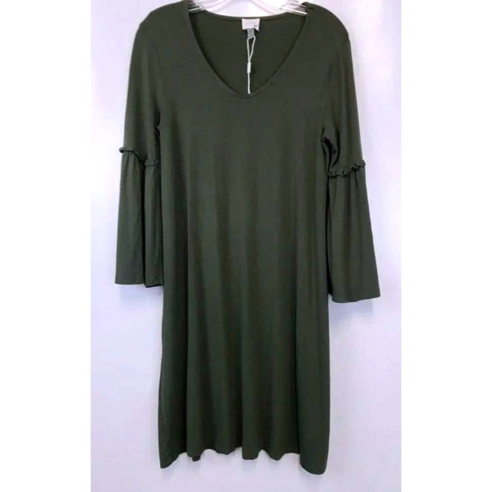 Cupio BOHO Mini Dress Womens Medium Olive Green Bell Sleeve V-Neck Ruffle NWT